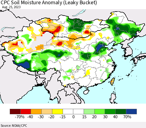 China, Mongolia and Taiwan CPC Soil Moisture Anomaly (Leaky Bucket) Thematic Map For 8/21/2023 - 8/25/2023