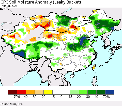 China, Mongolia and Taiwan CPC Soil Moisture Anomaly (Leaky Bucket) Thematic Map For 8/26/2023 - 8/31/2023