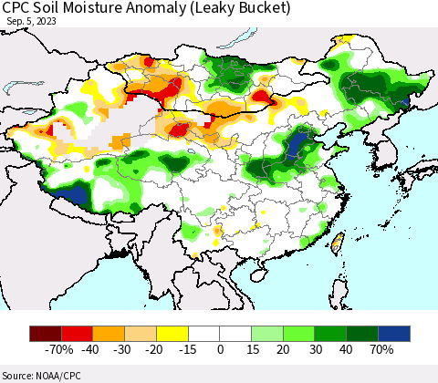 China, Mongolia and Taiwan CPC Soil Moisture Anomaly (Leaky Bucket) Thematic Map For 9/1/2023 - 9/5/2023