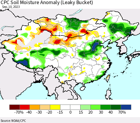 China, Mongolia and Taiwan CPC Soil Moisture Anomaly (Leaky Bucket) Thematic Map For 9/6/2023 - 9/10/2023