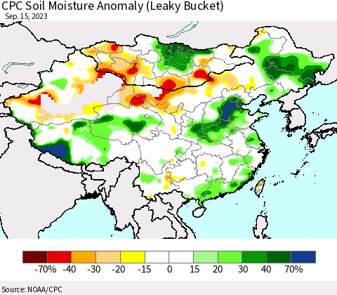 China, Mongolia and Taiwan CPC Soil Moisture Anomaly (Leaky Bucket) Thematic Map For 9/11/2023 - 9/15/2023