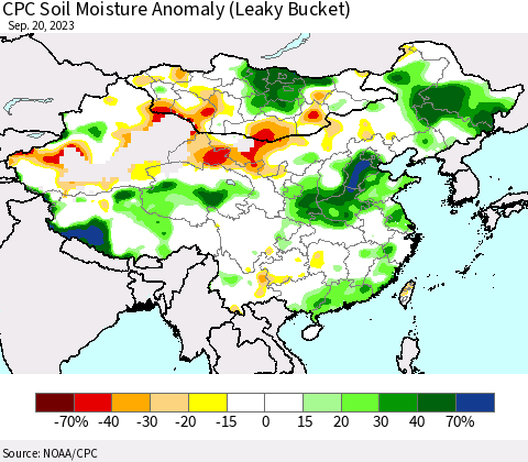 China, Mongolia and Taiwan CPC Soil Moisture Anomaly (Leaky Bucket) Thematic Map For 9/16/2023 - 9/20/2023
