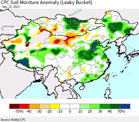 China, Mongolia and Taiwan CPC Soil Moisture Anomaly (Leaky Bucket) Thematic Map For 9/21/2023 - 9/25/2023
