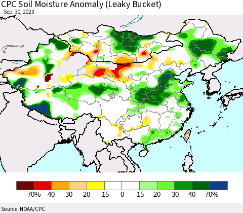 China, Mongolia and Taiwan CPC Soil Moisture Anomaly (Leaky Bucket) Thematic Map For 9/26/2023 - 9/30/2023