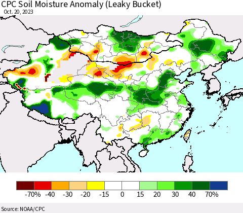 China, Mongolia and Taiwan CPC Soil Moisture Anomaly (Leaky Bucket) Thematic Map For 10/16/2023 - 10/20/2023