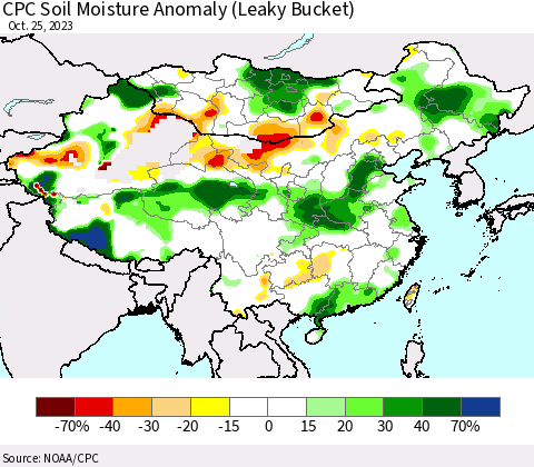 China, Mongolia and Taiwan CPC Soil Moisture Anomaly (Leaky Bucket) Thematic Map For 10/21/2023 - 10/25/2023