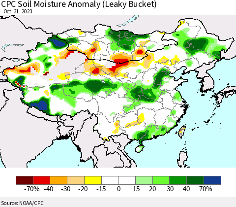 China, Mongolia and Taiwan CPC Soil Moisture Anomaly (Leaky Bucket) Thematic Map For 10/26/2023 - 10/31/2023