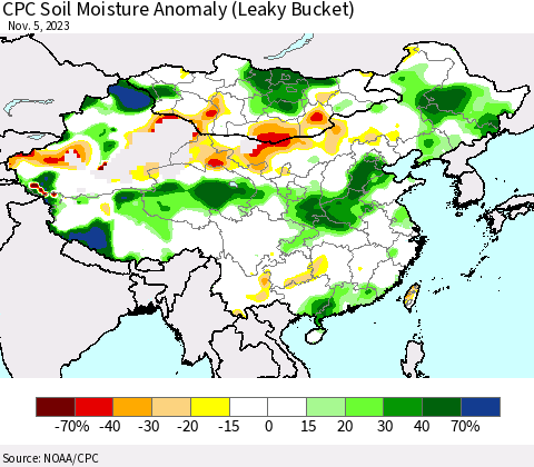 China, Mongolia and Taiwan CPC Soil Moisture Anomaly (Leaky Bucket) Thematic Map For 11/1/2023 - 11/5/2023