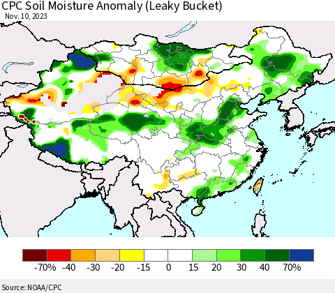 China, Mongolia and Taiwan CPC Soil Moisture Anomaly (Leaky Bucket) Thematic Map For 11/6/2023 - 11/10/2023
