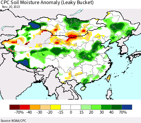 China, Mongolia and Taiwan CPC Soil Moisture Anomaly (Leaky Bucket) Thematic Map For 11/16/2023 - 11/20/2023