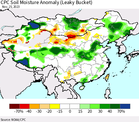 China, Mongolia and Taiwan CPC Soil Moisture Anomaly (Leaky Bucket) Thematic Map For 11/21/2023 - 11/25/2023