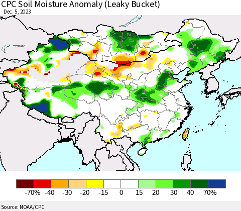 China, Mongolia and Taiwan CPC Soil Moisture Anomaly (Leaky Bucket) Thematic Map For 12/1/2023 - 12/5/2023