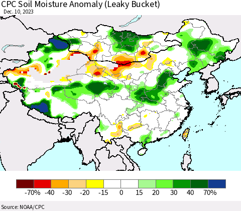 China, Mongolia and Taiwan CPC Soil Moisture Anomaly (Leaky Bucket) Thematic Map For 12/6/2023 - 12/10/2023