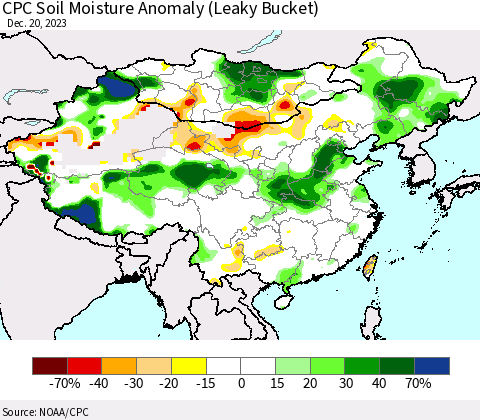 China, Mongolia and Taiwan CPC Soil Moisture Anomaly (Leaky Bucket) Thematic Map For 12/16/2023 - 12/20/2023