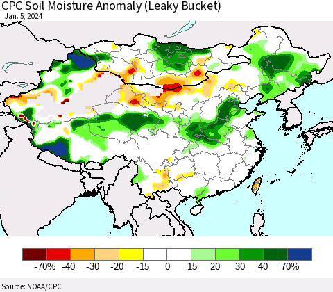 China, Mongolia and Taiwan CPC Soil Moisture Anomaly (Leaky Bucket) Thematic Map For 1/1/2024 - 1/5/2024