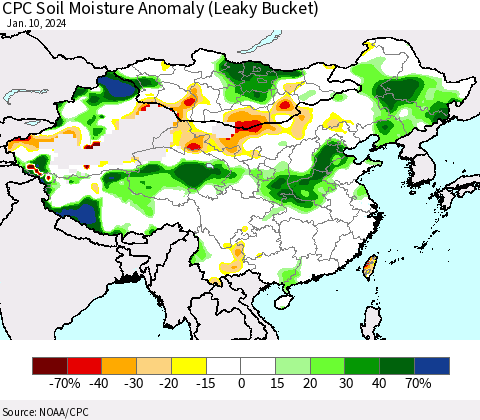 China, Mongolia and Taiwan CPC Soil Moisture Anomaly (Leaky Bucket) Thematic Map For 1/6/2024 - 1/10/2024