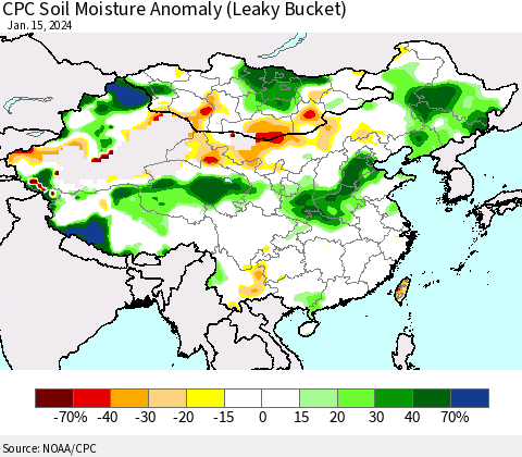China, Mongolia and Taiwan CPC Soil Moisture Anomaly (Leaky Bucket) Thematic Map For 1/11/2024 - 1/15/2024