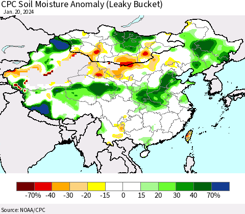 China, Mongolia and Taiwan CPC Soil Moisture Anomaly (Leaky Bucket) Thematic Map For 1/16/2024 - 1/20/2024