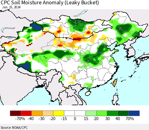 China, Mongolia and Taiwan CPC Soil Moisture Anomaly (Leaky Bucket) Thematic Map For 1/21/2024 - 1/25/2024