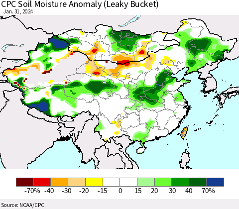 China, Mongolia and Taiwan CPC Soil Moisture Anomaly (Leaky Bucket) Thematic Map For 1/26/2024 - 1/31/2024