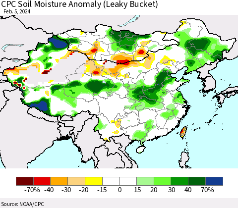 China, Mongolia and Taiwan CPC Soil Moisture Anomaly (Leaky Bucket) Thematic Map For 2/1/2024 - 2/5/2024