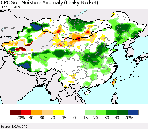 China, Mongolia and Taiwan CPC Soil Moisture Anomaly (Leaky Bucket) Thematic Map For 2/11/2024 - 2/15/2024