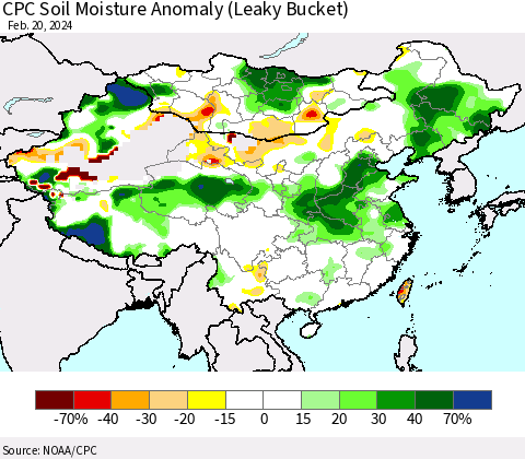 China, Mongolia and Taiwan CPC Soil Moisture Anomaly (Leaky Bucket) Thematic Map For 2/16/2024 - 2/20/2024