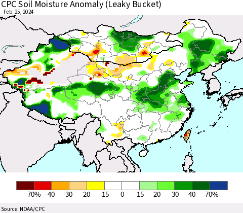China, Mongolia and Taiwan CPC Soil Moisture Anomaly (Leaky Bucket) Thematic Map For 2/21/2024 - 2/25/2024