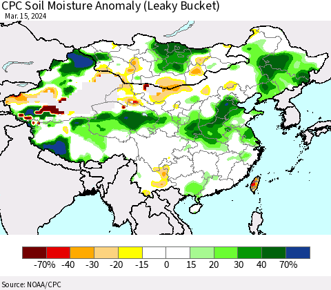 China, Mongolia and Taiwan CPC Soil Moisture Anomaly (Leaky Bucket) Thematic Map For 3/11/2024 - 3/15/2024