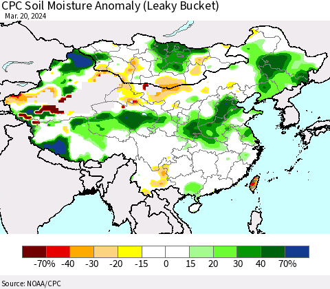 China, Mongolia and Taiwan CPC Soil Moisture Anomaly (Leaky Bucket) Thematic Map For 3/16/2024 - 3/20/2024