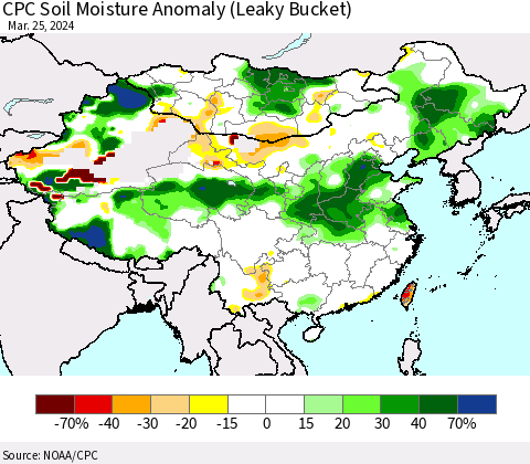 China, Mongolia and Taiwan CPC Soil Moisture Anomaly (Leaky Bucket) Thematic Map For 3/21/2024 - 3/25/2024