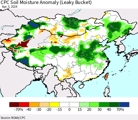 China, Mongolia and Taiwan CPC Soil Moisture Anomaly (Leaky Bucket) Thematic Map For 4/1/2024 - 4/5/2024