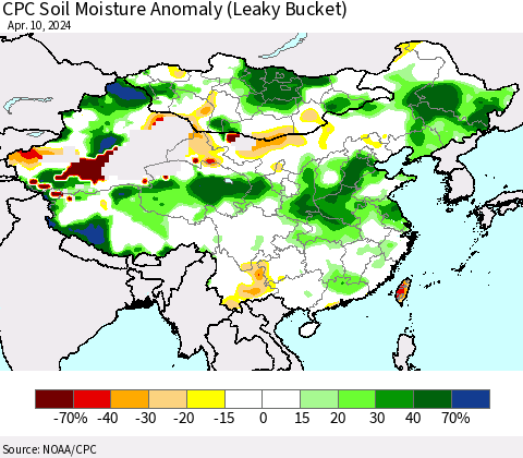 China, Mongolia and Taiwan CPC Soil Moisture Anomaly (Leaky Bucket) Thematic Map For 4/6/2024 - 4/10/2024
