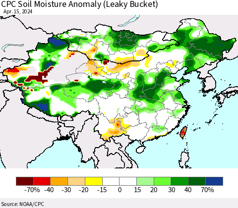 China, Mongolia and Taiwan CPC Soil Moisture Anomaly (Leaky Bucket) Thematic Map For 4/11/2024 - 4/15/2024