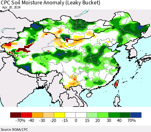 China, Mongolia and Taiwan CPC Soil Moisture Anomaly (Leaky Bucket) Thematic Map For 4/16/2024 - 4/20/2024