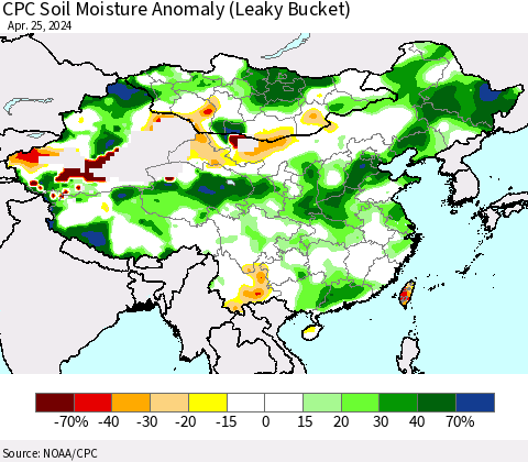 China, Mongolia and Taiwan CPC Soil Moisture Anomaly (Leaky Bucket) Thematic Map For 4/21/2024 - 4/25/2024