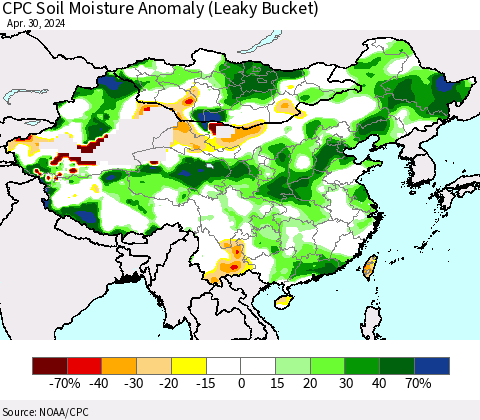 China, Mongolia and Taiwan CPC Soil Moisture Anomaly (Leaky Bucket) Thematic Map For 4/26/2024 - 4/30/2024