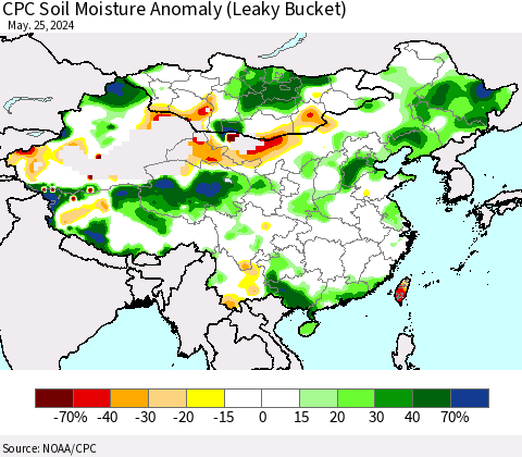 China, Mongolia and Taiwan CPC Soil Moisture Anomaly (Leaky Bucket) Thematic Map For 5/21/2024 - 5/25/2024