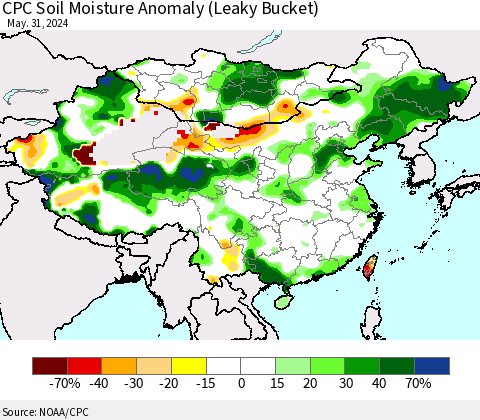 China, Mongolia and Taiwan CPC Soil Moisture Anomaly (Leaky Bucket) Thematic Map For 5/26/2024 - 5/31/2024