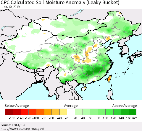 China and Taiwan CPC Calculated Soil Moisture Anomaly (Leaky Bucket) Thematic Map For 1/6/2019 - 1/10/2019