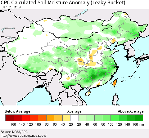 China and Taiwan CPC Calculated Soil Moisture Anomaly (Leaky Bucket) Thematic Map For 1/21/2019 - 1/25/2019