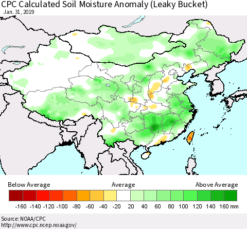 China and Taiwan CPC Calculated Soil Moisture Anomaly (Leaky Bucket) Thematic Map For 1/26/2019 - 1/31/2019