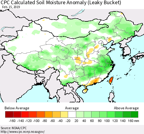 China and Taiwan CPC Calculated Soil Moisture Anomaly (Leaky Bucket) Thematic Map For 2/11/2019 - 2/15/2019