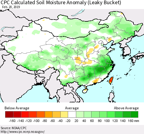 China and Taiwan CPC Calculated Soil Moisture Anomaly (Leaky Bucket) Thematic Map For 2/16/2019 - 2/20/2019