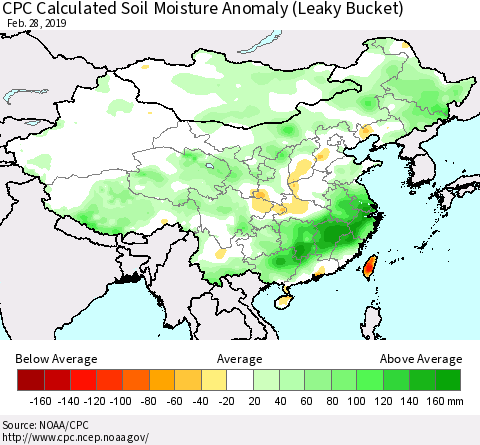 China and Taiwan CPC Calculated Soil Moisture Anomaly (Leaky Bucket) Thematic Map For 2/26/2019 - 2/28/2019