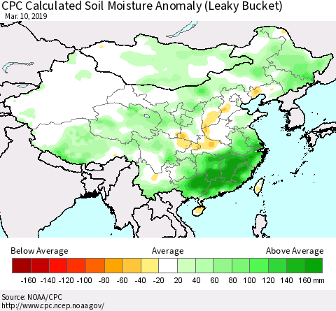 China and Taiwan CPC Calculated Soil Moisture Anomaly (Leaky Bucket) Thematic Map For 3/6/2019 - 3/10/2019