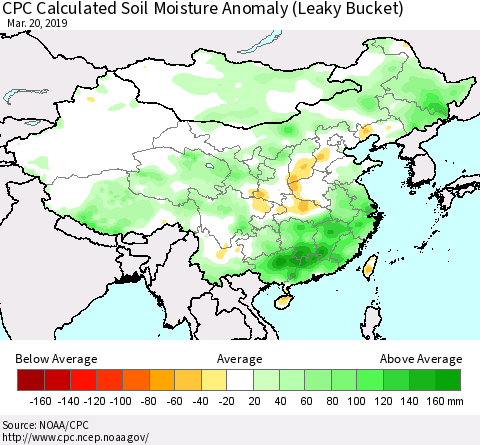 China, Mongolia and Taiwan CPC Soil Moisture Departure from Normal (Leaky Bucket) Thematic Map For 3/16/2019 - 3/20/2019