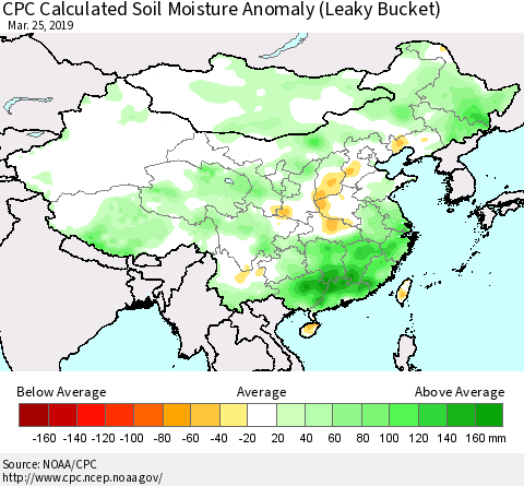 China and Taiwan CPC Calculated Soil Moisture Anomaly (Leaky Bucket) Thematic Map For 3/21/2019 - 3/25/2019