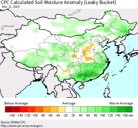 China and Taiwan CPC Calculated Soil Moisture Anomaly (Leaky Bucket) Thematic Map For 3/26/2019 - 3/31/2019