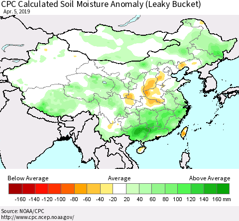 China, Mongolia and Taiwan CPC Soil Moisture Departure from Normal (Leaky Bucket) Thematic Map For 4/1/2019 - 4/5/2019